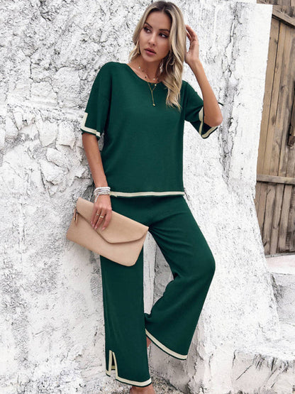 Casual Outfits- Contrast Binding 2-Piece Short Sleeve Pullover & Slit Pants- - IndioGear Fashion and Gear