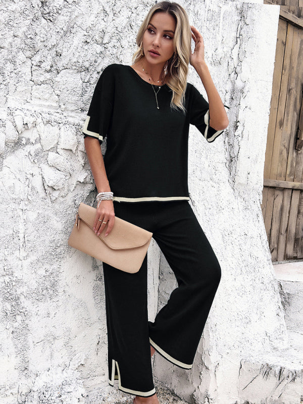 Casual Outfits- Contrast Binding 2-Piece Short Sleeve Pullover & Slit Pants- - IndioGear Fashion and Gear