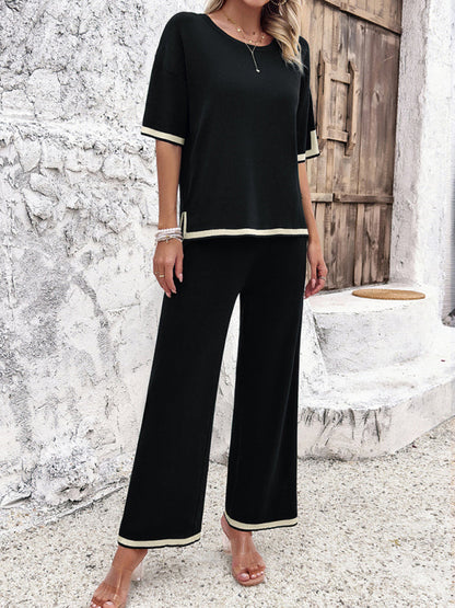 Casual Outfits- Contrast Binding 2-Piece Short Sleeve Pullover & Slit Pants- - IndioGear Fashion and Gear