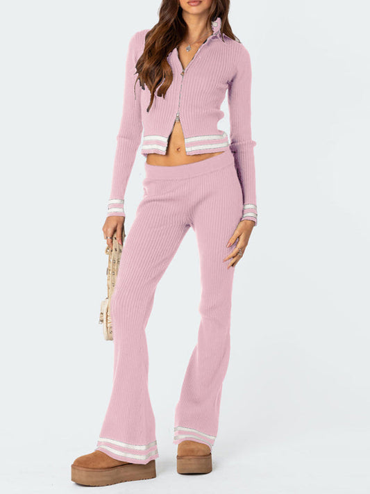 Casual Outfits- Ribbed Knit 2-Piece Crop Cardigan and Striped Flared Pants Combo- Pink- IndioGear Clothing and Gear