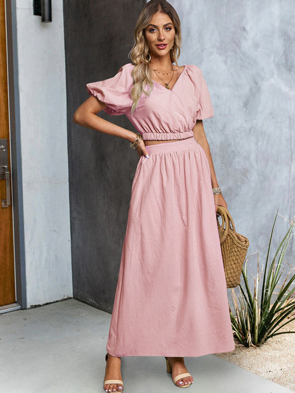 Casual Outfits- Solid Summer 2-Piece Set | Short Puff Sleeves Top & Maxi Skirt- Pink- IndioGear Fashion and Gear