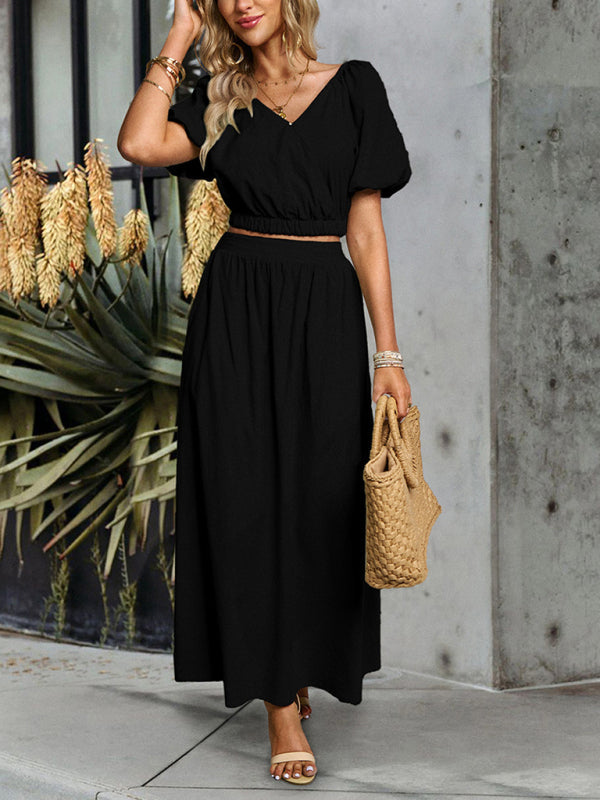 Casual Outfits- Solid Summer 2-Piece Set | Short Puff Sleeves Top & Maxi Skirt- - IndioGear Fashion and Gear