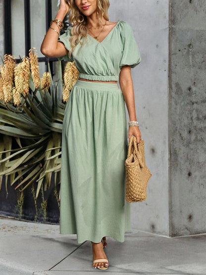 Casual Outfits- Solid Summer 2-Piece Set | Short Puff Sleeves Top & Maxi Skirt- - IndioGear Fashion and Gear