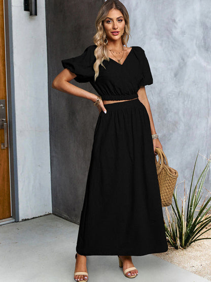 Casual Outfits- Solid Summer 2-Piece Set | Short Puff Sleeves Top & Maxi Skirt- Black- IndioGear Fashion and Gear