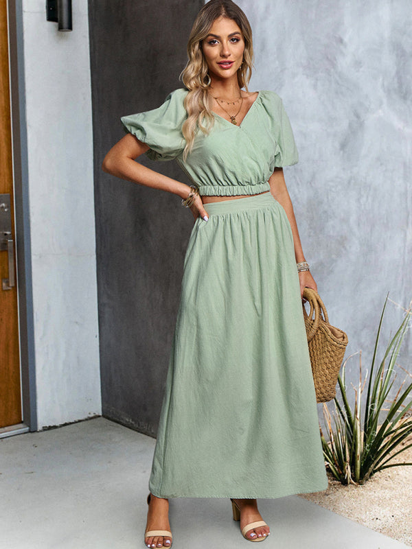 Casual Outfits- Solid Summer 2-Piece Set | Short Puff Sleeves Top & Maxi Skirt- Pea green grey- IndioGear Fashion and Gear