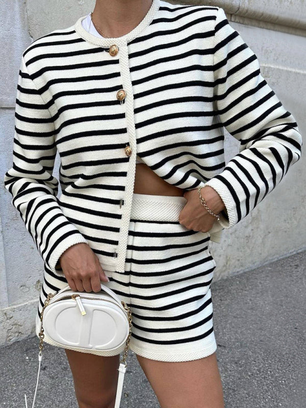 Casual Outfits- Striped Relaxing 2 Piece Outfit with Cardigan and Shorts- White- IndioGear Fashion and Gear