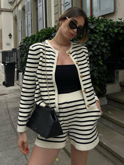 Casual Outfits- Striped Relaxing 2 Piece Outfit with Cardigan and Shorts- - IndioGear Fashion and Gear