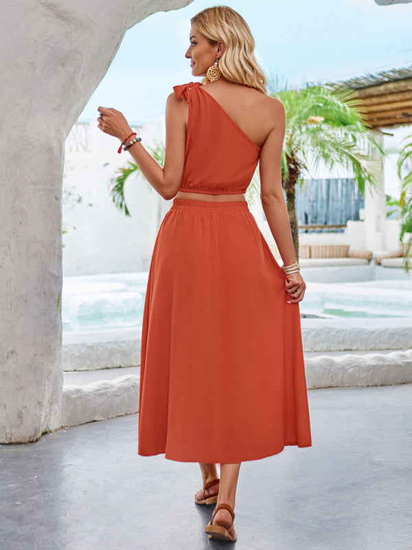 Casual Outfits- Women’s Summer 2-Piece Solid One Shoulder Crop Top & Midi Skirt- - IndioGear Fashion and Gear