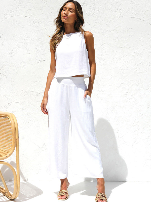 Casual Set Crop Top + Trousers- Cotton-Linen 2-Piece Vest + Trousers for a Relaxed Vacation Look- - IndioGear Fashion and Gear