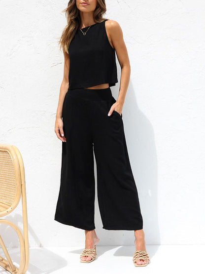 Casual Set Crop Top + Trousers- Cotton-Linen 2-Piece Vest + Trousers for a Relaxed Vacation Look- - IndioGear Fashion and Gear