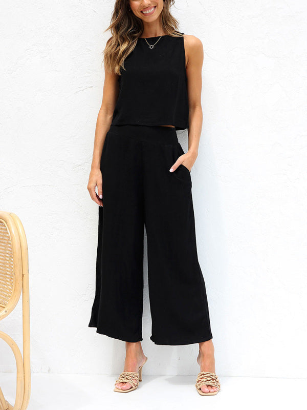 Casual Set Crop Top + Trousers- Cotton-Linen 2-Piece Vest + Trousers for a Relaxed Vacation Look- - IndioGear Fashion and Gear