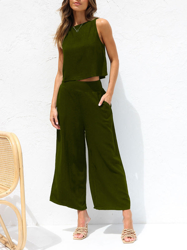 Casual Set Crop Top + Trousers- Cotton-Linen 2-Piece Vest + Trousers for a Relaxed Vacation Look- - IndioGear Fashion and Gear