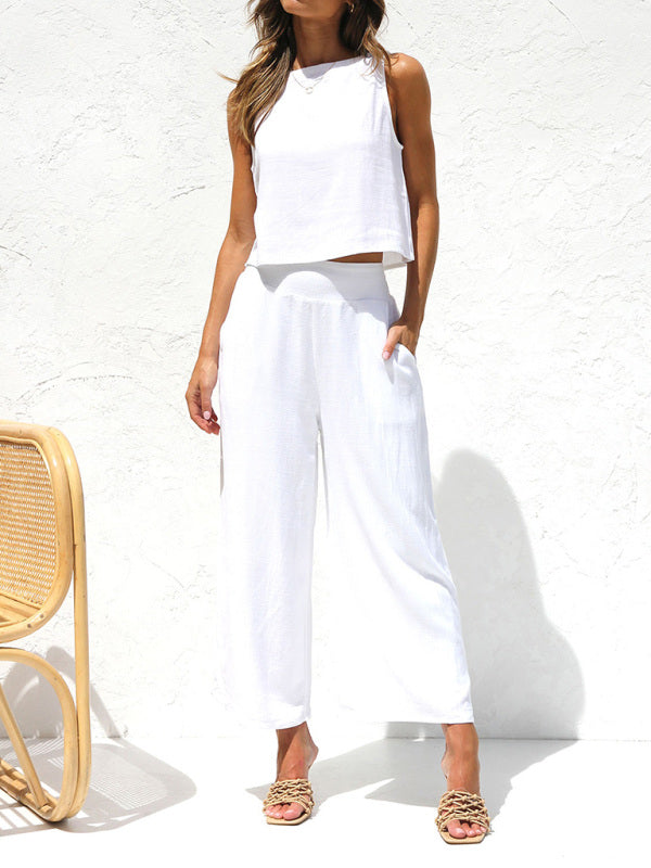 Casual Set Crop Top + Trousers- Cotton-Linen 2-Piece Vest + Trousers for a Relaxed Vacation Look- White- IndioGear Fashion and Gear