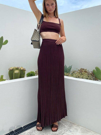 Casual Set- Solid Pleated Vacation Maxi Skirt & Cami Crop Top- Coffee- IndioGear Fashion and Gear