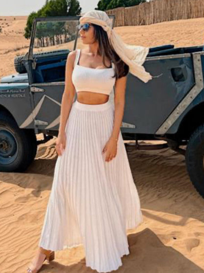 Casual Set- Solid Pleated Vacation Maxi Skirt & Cami Crop Top- - IndioGear Fashion and Gear