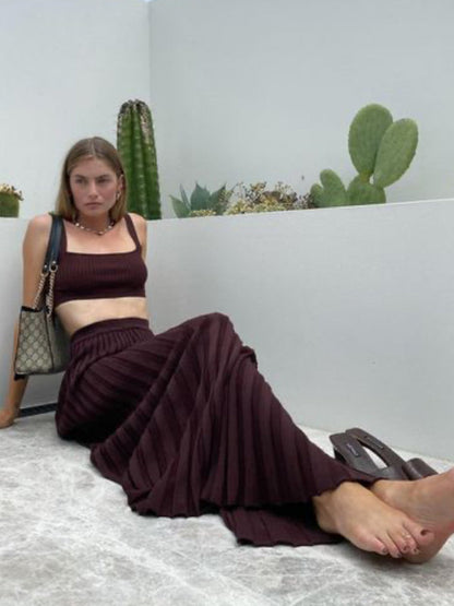 Casual Set- Solid Pleated Vacation Maxi Skirt & Cami Crop Top- - IndioGear Fashion and Gear