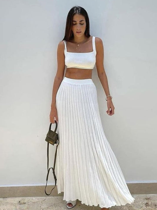 Casual Set- Solid Pleated Vacation Maxi Skirt & Cami Crop Top- White- IndioGear Fashion and Gear