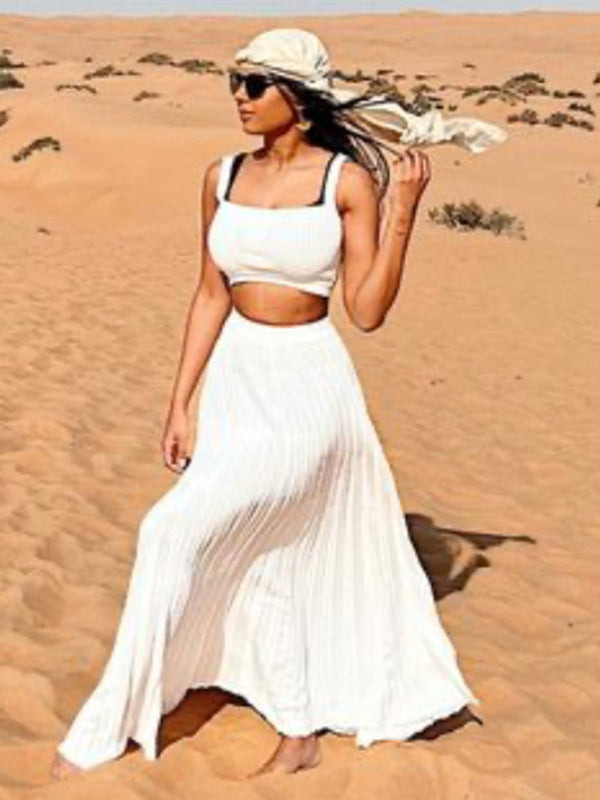 Casual Set- Solid Pleated Vacation Maxi Skirt & Cami Crop Top- - IndioGear Fashion and Gear