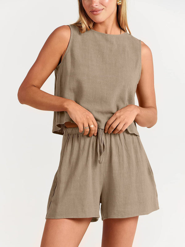 Casual Set Tank Top+ Shorts- Cotton-Linen 2-Piece Set for Women - Tank Top and Shorts- Khaki- IndioGear Fashion and Gear