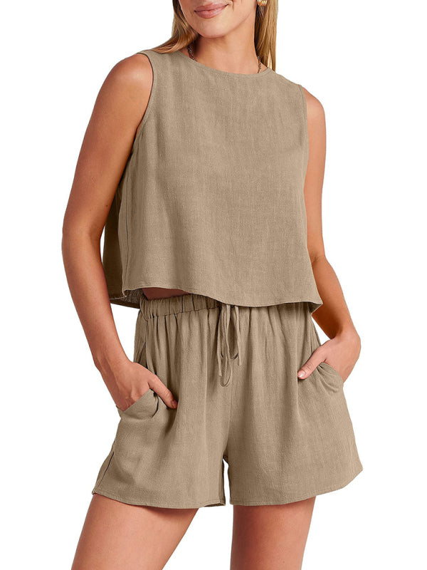 Casual Set Tank Top+ Shorts- Cotton-Linen 2-Piece Set for Women - Tank Top and Shorts- - IndioGear Fashion and Gear