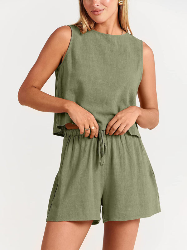 Casual Set Tank Top+ Shorts- Cotton-Linen 2-Piece Set for Women - Tank Top and Shorts- Olive green- IndioGear Fashion and Gear