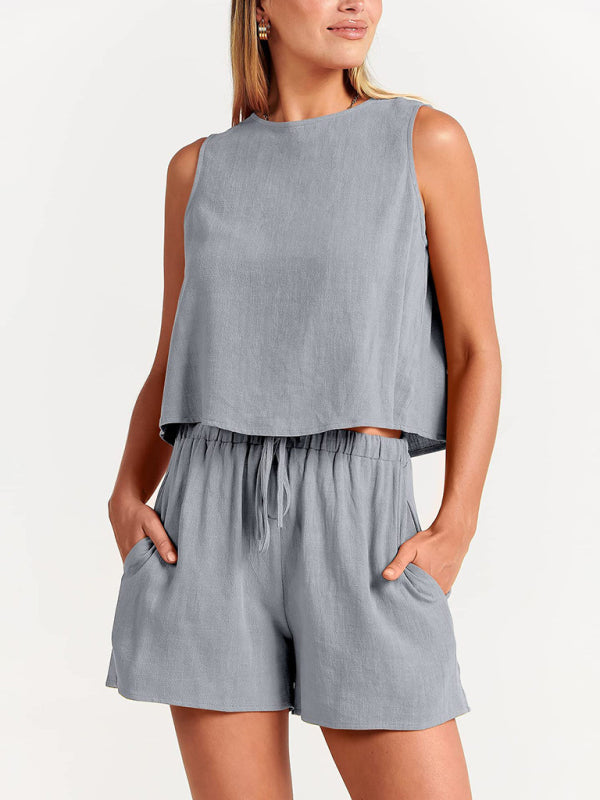 Casual Set Tank Top+ Shorts- Cotton-Linen 2-Piece Set for Women - Tank Top and Shorts- Grey- IndioGear Fashion and Gear