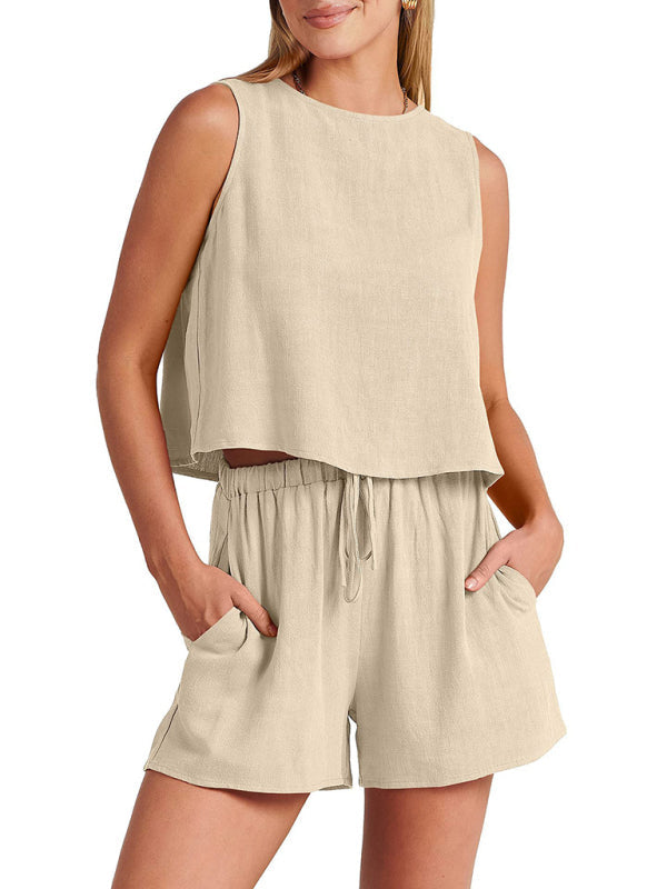 Casual Set Tank Top+ Shorts- Cotton-Linen 2-Piece Set for Women - Tank Top and Shorts- - IndioGear Fashion and Gear