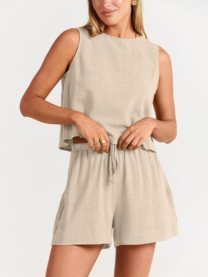 Casual Set Tank Top+ Shorts- Cotton-Linen 2-Piece Set for Women - Tank Top and Shorts- Beige khaki- IndioGear Fashion and Gear