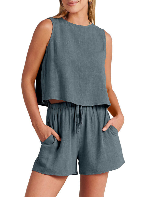 Casual Set Tank Top+ Shorts- Cotton-Linen 2-Piece Set for Women - Tank Top and Shorts- - IndioGear Fashion and Gear