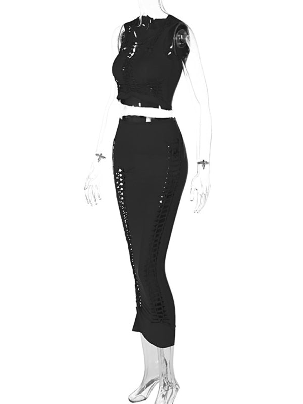 Casual Set Top + Pencil Skirt- Body-Hugging Full Cut Out Bodycon Outfit Crop Top and Pencil Midi Skirt- - IndioGear Fashion and Gear