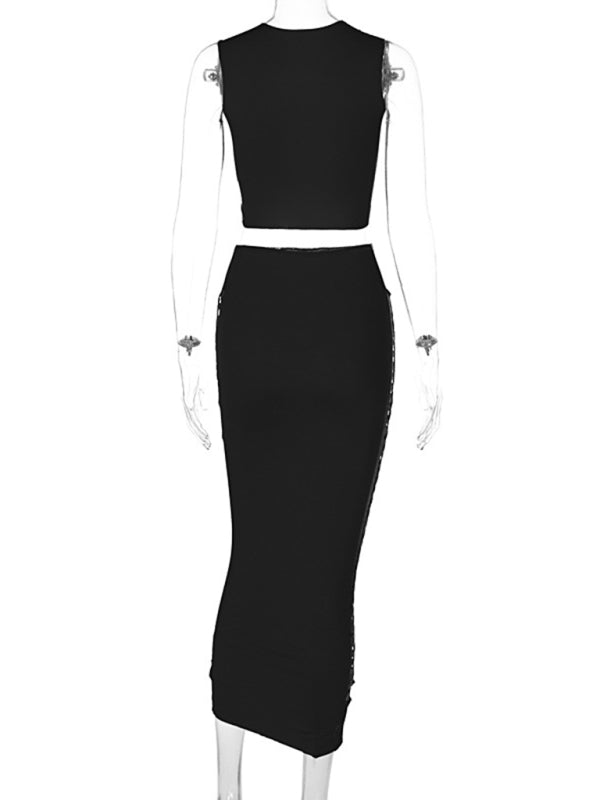 Casual Set Top + Pencil Skirt- Body-Hugging Full Cut Out Bodycon Outfit Crop Top and Pencil Midi Skirt- - IndioGear Fashion and Gear