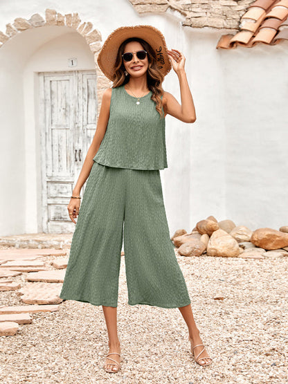 Casual Set Top + Trousers- Textured 2-Piece Loose Wide-Leg Capri Culottes + Tank Top- Green- IndioGear Fashion and Gear