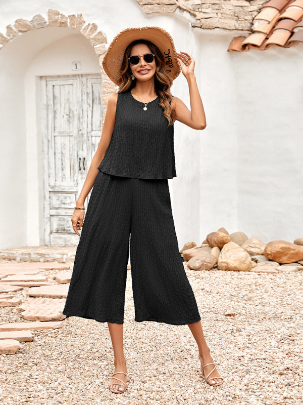 Casual Set Top + Trousers- Textured 2-Piece Loose Wide-Leg Capri Culottes + Tank Top- Black- IndioGear Fashion and Gear