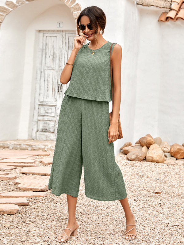 Casual Set Top + Trousers- Textured 2-Piece Loose Wide-Leg Capri Culottes + Tank Top- - IndioGear Fashion and Gear