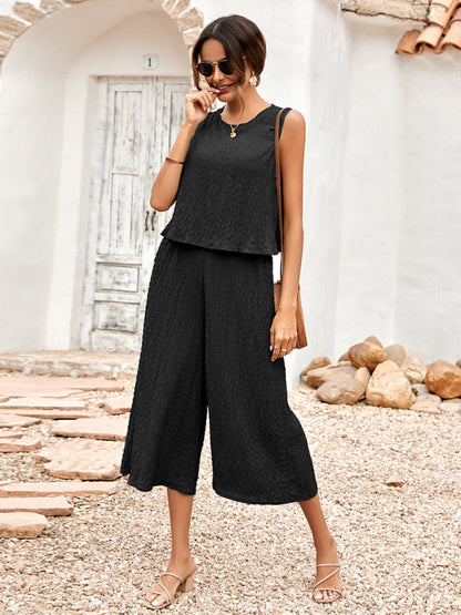 Casual Set Top + Trousers- Textured 2-Piece Loose Wide-Leg Capri Culottes + Tank Top- - IndioGear Fashion and Gear