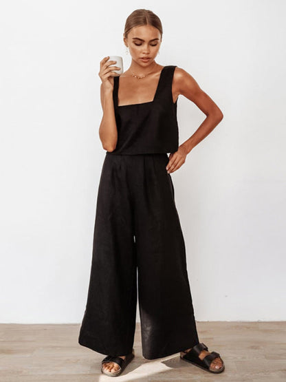 Casual Set Top + Trousers- Women's Casual Cotton Set - Vest + Elastic Waist Wide-leg Trousers- - IndioGear Fashion and Gear