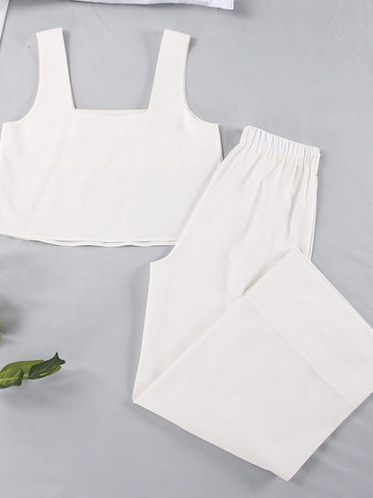 Casual Set Top + Trousers- Women's Casual Cotton Set - Vest + Elastic Waist Wide-leg Trousers- - IndioGear Fashion and Gear