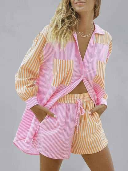 Casual Suit Shorts + Top- Cotton Stripe Casual Suit Shirt and Shorts Set- Pink- IndioGear Fashion and Gear