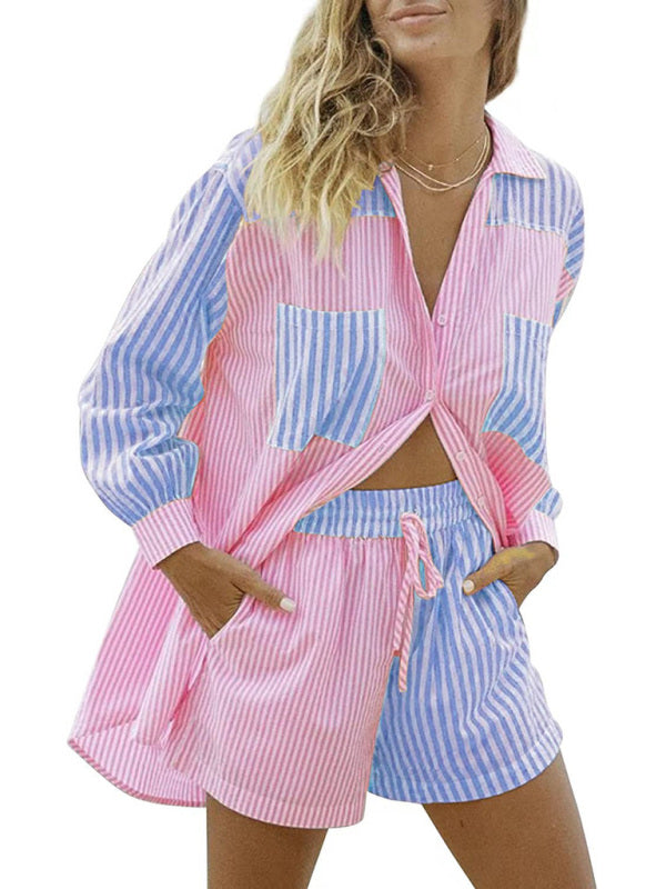 Casual Suit Shorts + Top- Cotton Stripe Casual Suit Shirt and Shorts Set- - IndioGear Fashion and Gear