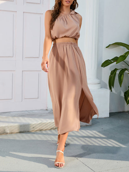 Casual Suit Skirt + Top- 2-Piece Solid Elastic Waist Long Skirt + Crop Top- - IndioGear Fashion and Gear