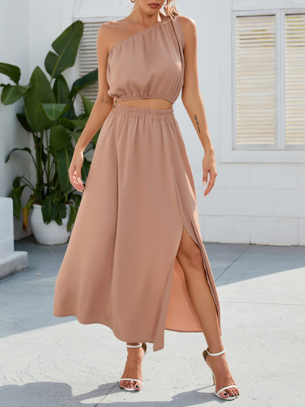 Casual Suit Skirt + Top- 2-Piece Solid Elastic Waist Long Skirt + Crop Top- - IndioGear Fashion and Gear