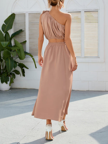 Casual Suit Skirt + Top- 2-Piece Solid Elastic Waist Long Skirt + Crop Top- - IndioGear Fashion and Gear