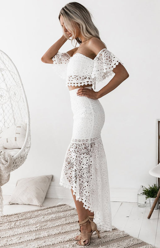 Casual Suit Skirt + Top- Guipure Lace Outfit Asymmetrical Maxi Skirt + Crop Top- - IndioGear Fashion and Gear