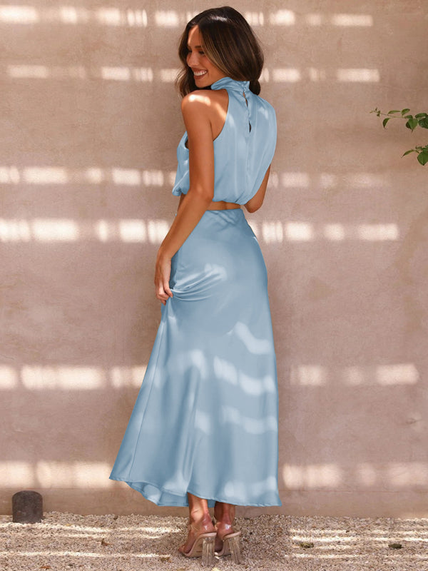 Casual Suit Top + Long Skirt- Satin Elegance: Women's Two Piece Set Cowl Crop Top and Long Skirt- - IndioGear Fashion and Gear