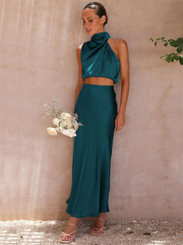 Casual Suit Top + Long Skirt- Satin Elegance: Women's Two Piece Set Cowl Crop Top and Long Skirt- - IndioGear Fashion and Gear