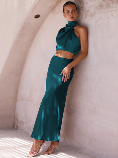 Casual Suit Top + Long Skirt- Satin Elegance: Women's Two Piece Set Cowl Crop Top and Long Skirt- - IndioGear Fashion and Gear