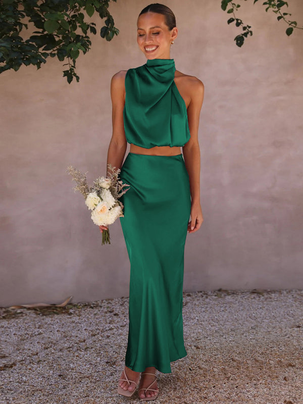 Casual Suit Top + Long Skirt- Satin Elegance: Women's Two Piece Set Cowl Crop Top and Long Skirt- - IndioGear Fashion and Gear