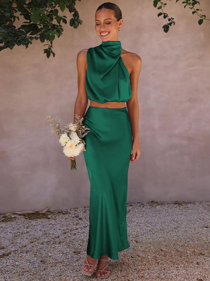 Casual Suit Top + Long Skirt- Satin Elegance: Women's Two Piece Set Cowl Crop Top and Long Skirt- - IndioGear Fashion and Gear