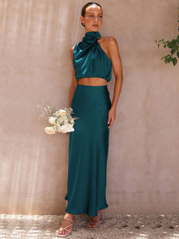 Casual Suit Top + Long Skirt- Satin Elegance: Women's Two Piece Set Cowl Crop Top and Long Skirt- - IndioGear Fashion and Gear