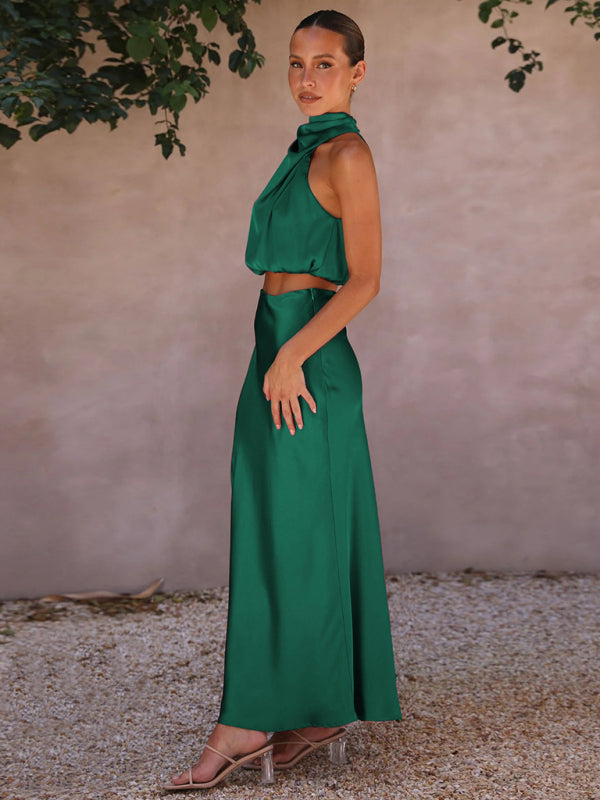 Casual Suit Top + Long Skirt- Satin Elegance: Women's Two Piece Set Cowl Crop Top and Long Skirt- - IndioGear Fashion and Gear